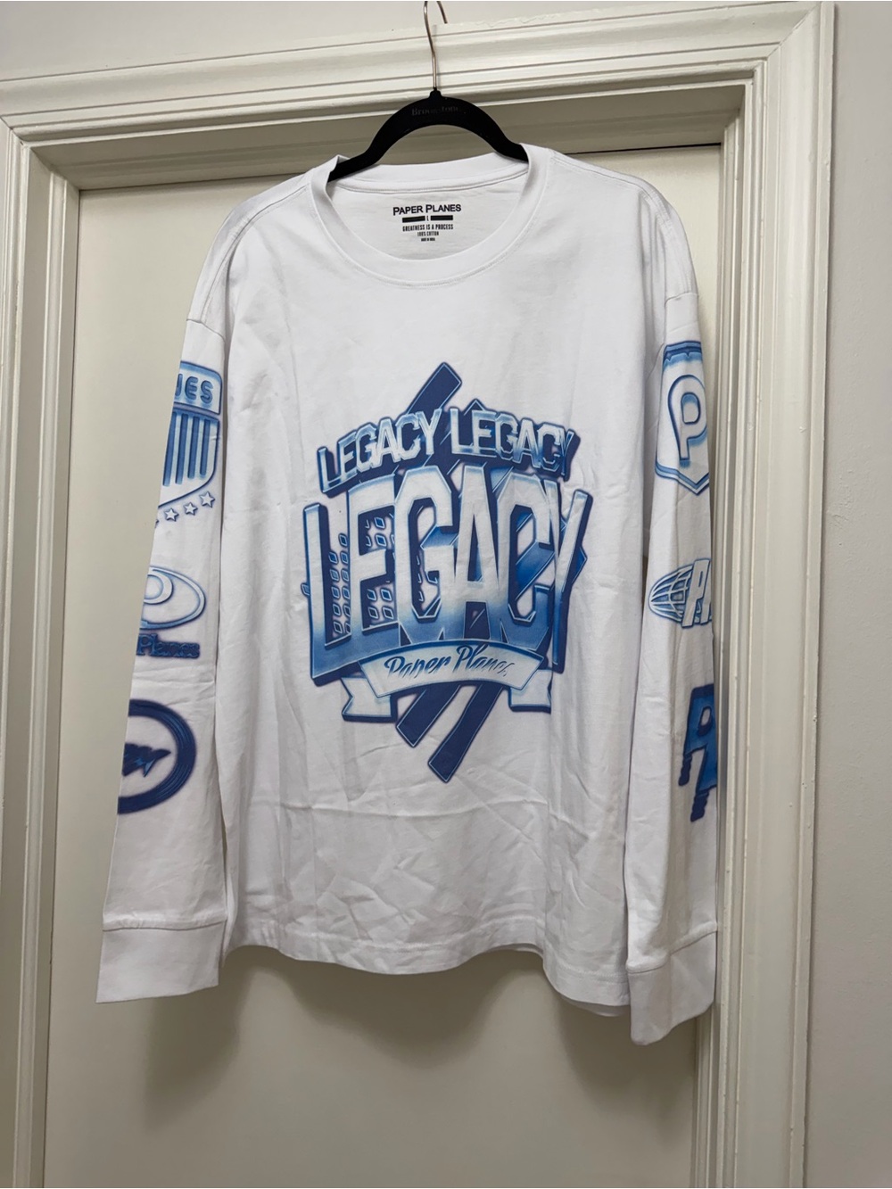Paper Planes Light Blue & White Long Sleeve Tee with Blue 'Legacy' Graphics